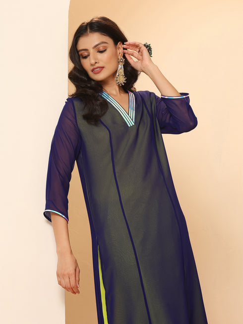 Women's Purple & Green Surprise Georgette Kurta with Pants 2 Piece Set | A-Line, V Neck, 3/4 Sleeves, Pants, Work wear, Festive Wear, (Georgette)