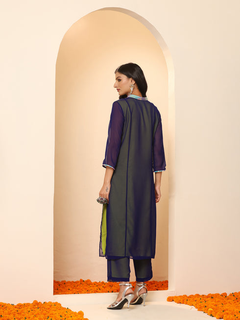 Women's Purple & Green Surprise Georgette Kurta with Pants 2 Piece Set | A-Line, V Neck, 3/4 Sleeves, Pants, Work wear, Festive Wear, (Georgette)