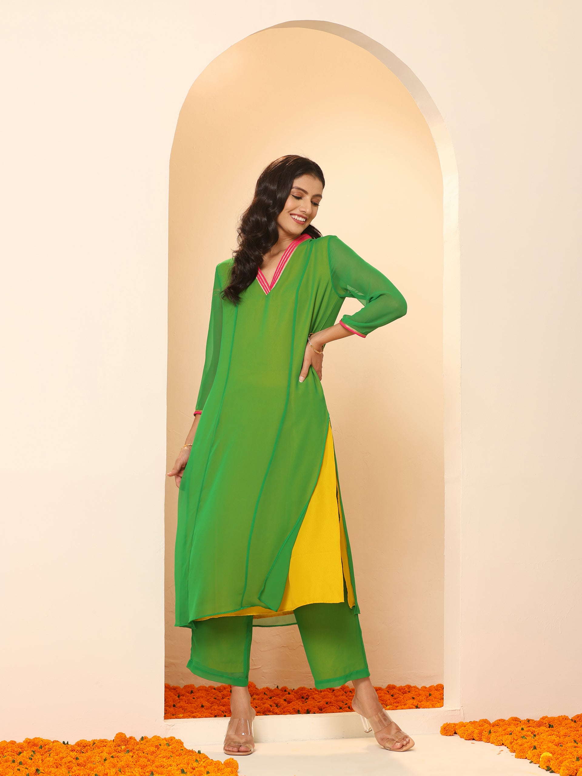 Women's Green & Mustard Surprise Georgette Kurta with Pink Lace and Pants 2 Piece Set | A-Line, V Neck, 3/4 Sleeves, Pants,Work wear, Festive Wear, (Georgette)