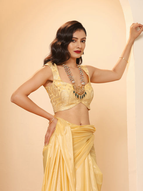 Flax Yellow Silken Saree with Jacqaurd Blouse Fabric