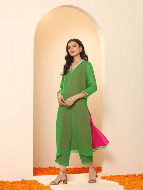 Women's Green & Pink Surprise Georgette Kurta with Pants 2 Piece Set | A-Line, V Neck, 3/4 Sleeves, Pants, Work wear, Partywear, (Georgette)