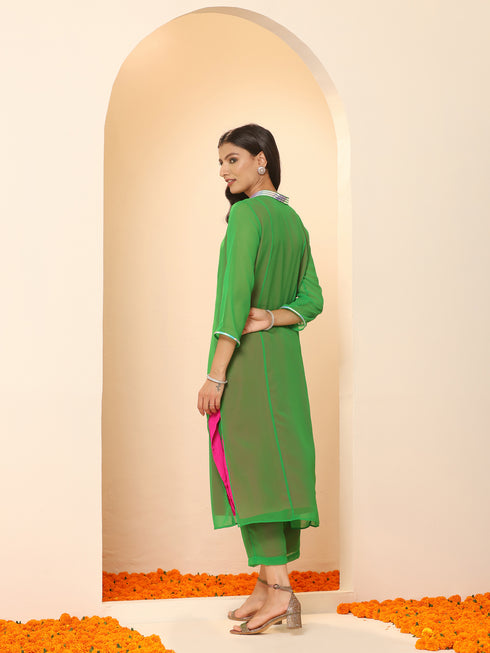 Women's Green & Pink Surprise Georgette Kurta with Pants 2 Piece Set | A-Line, V Neck, 3/4 Sleeves, Pants, Work wear, Partywear, (Georgette)