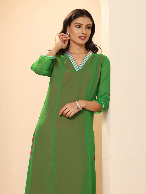 Women's Green & Pink Surprise Georgette Kurta with Pants 2 Piece Set | A-Line, V Neck, 3/4 Sleeves, Pants, Work wear, Partywear, (Georgette)