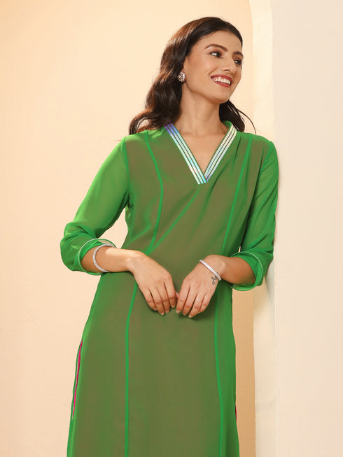 Women's Green & Pink Surprise Georgette Kurta with Pants 2 Piece Set | A-Line, V Neck, 3/4 Sleeves, Pants, Work wear, Partywear, (Georgette)