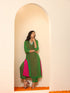 Women's Green & Pink Surprise Georgette Kurta with Pants 2 Piece Set | A-Line, V Neck, 3/4 Sleeves, Pants, Work wear, Partywear, (Georgette)