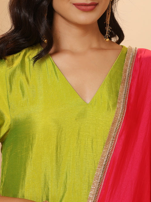 1 Pc - Fuschia Satin Dupatta with Lace