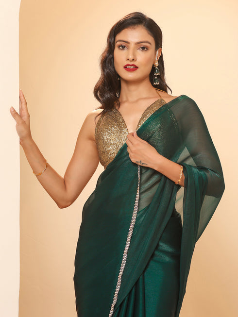 Primal Green Blue Shimmer Chiffon Dual Shade Saree