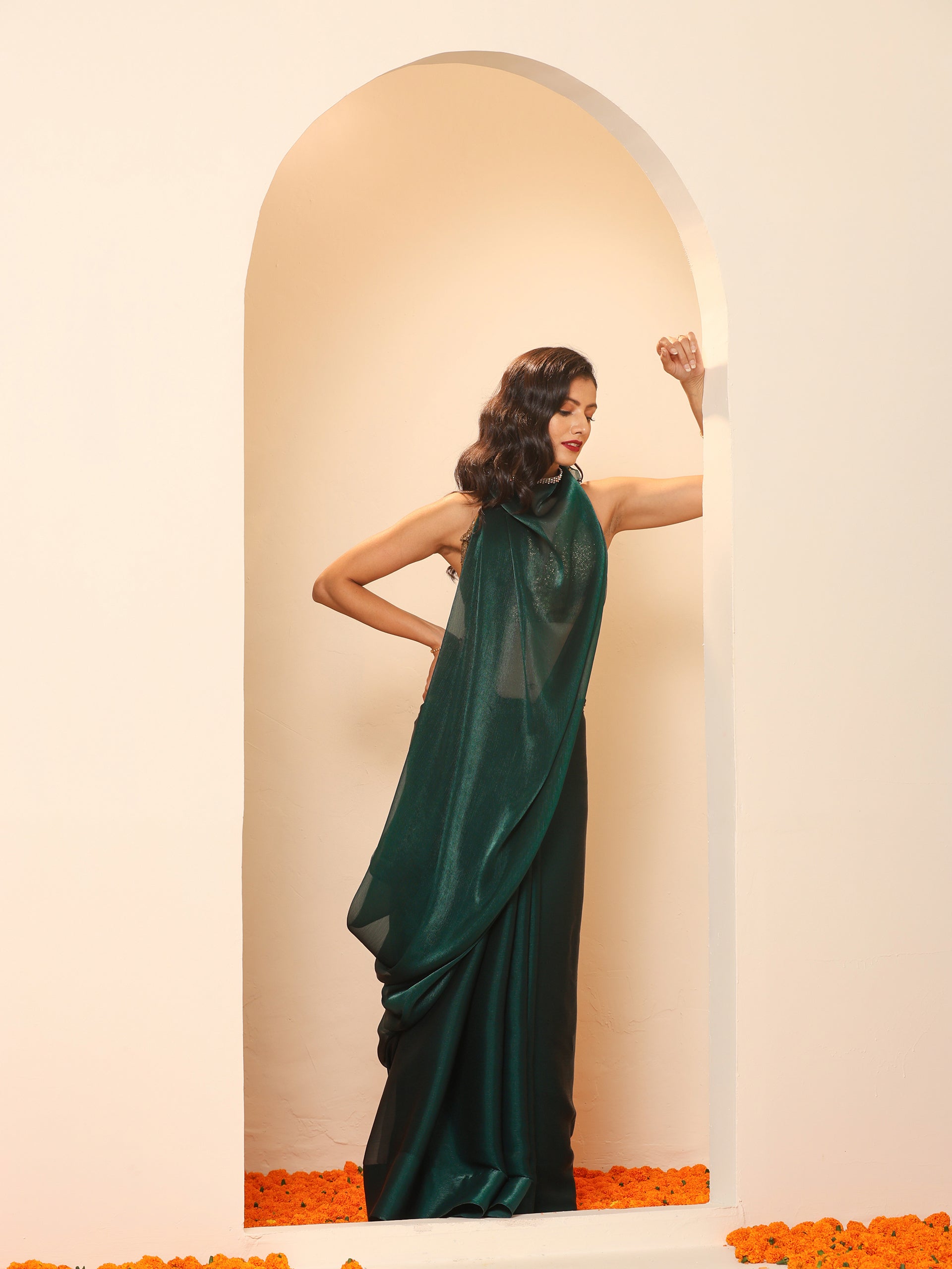 Primal Green Blue Shimmer Chiffon Dual Shade Saree