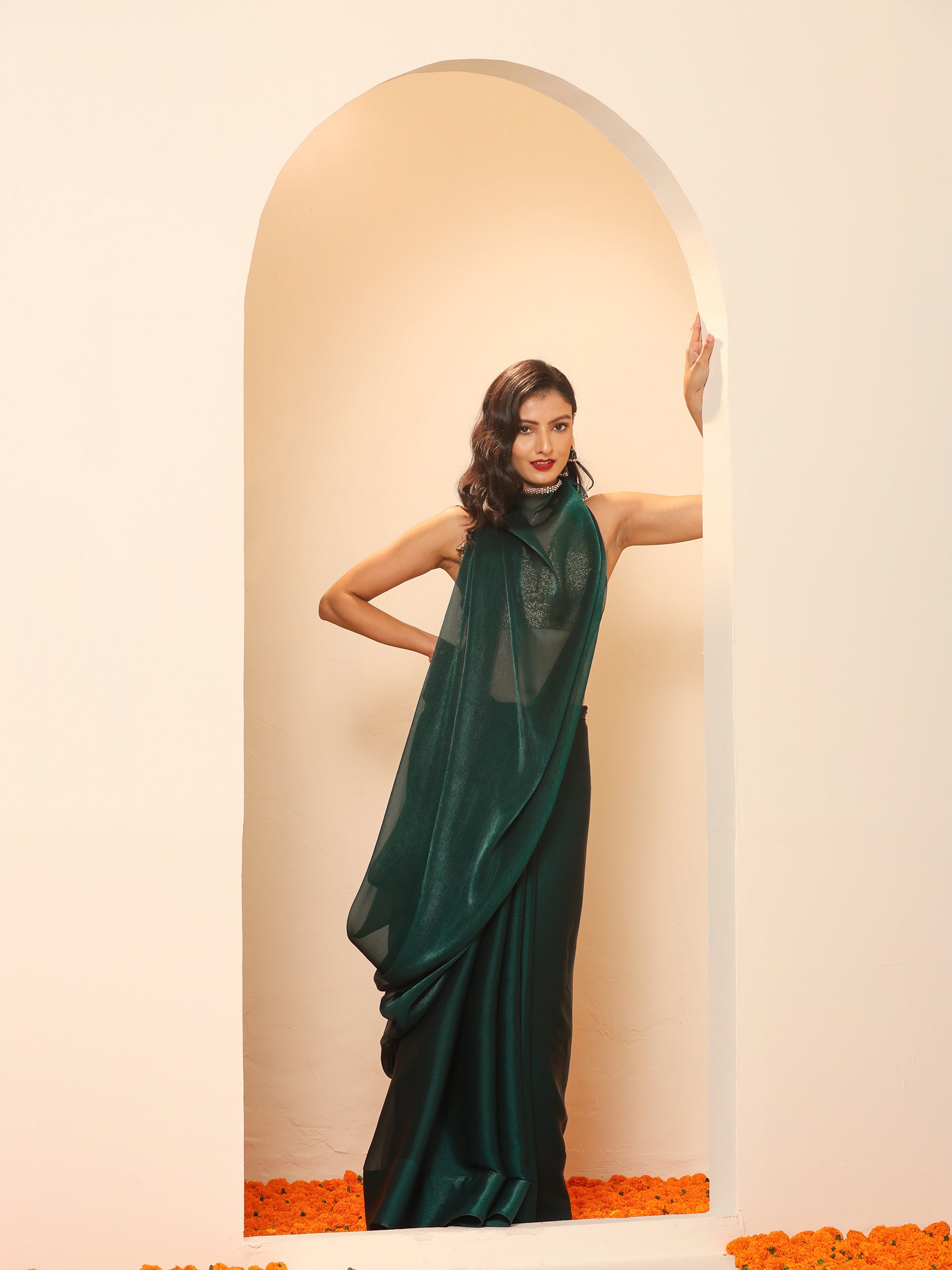 Primal Green Blue Shimmer Chiffon Dual Shade Saree