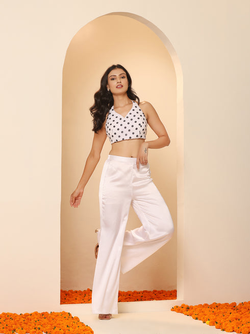Women's White Satin Pant, Jacket and Polka Halter Blouse Set 3 Piece Set | Straight Fit, Halter Neck, Sleeveless, Pants, Casual Wear, Partywear, (Satin)