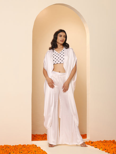 Women's White Satin Pant, Jacket and Polka Halter Blouse Set 3 Piece Set | Straight Fit, Halter Neck, Sleeveless, Pants, Casual Wear, Partywear, (Satin)