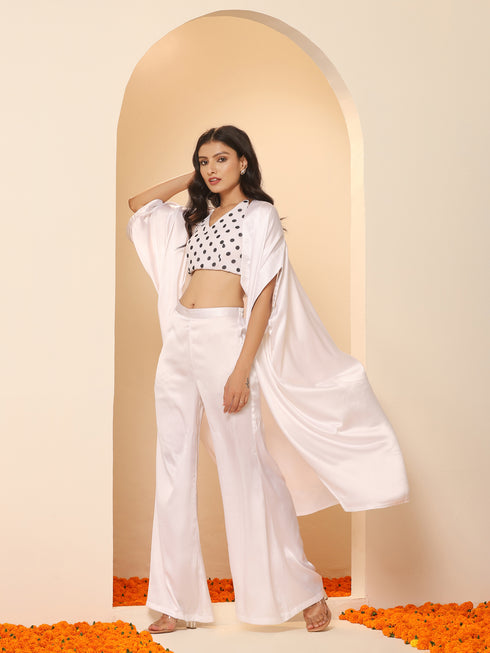 Women's White Satin Pant, Jacket and Polka Halter Blouse Set 3 Piece Set | Straight Fit, Halter Neck, Sleeveless, Pants, Casual Wear, Partywear, (Satin)