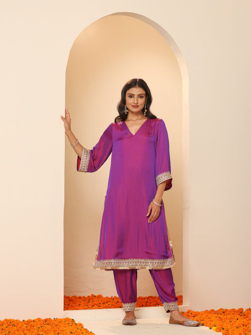 Women's Plum Kurta with Pyjama and Laces 2 Piece Set | A-Line, V Neck, 3/4 Sleeves, Pyjama, Festive Wear, (Satin)