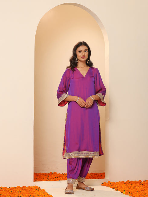 Women's Plum Kurta with Pyjama and Laces 2 Piece Set | A-Line, V Neck, 3/4 Sleeves, Pyjama, Festive Wear, (Satin)