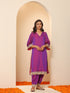 Women's Plum Kurta with Pyjama and Laces 2 Piece Set | A-Line, V Neck, 3/4 Sleeves, Pyjama, Festive Wear, (Satin)