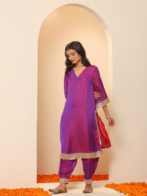 Women's Plum Kurta with Pyjama and Laces 2 Piece Set | A-Line, V Neck, 3/4 Sleeves, Pyjama, Festive Wear, (Satin)