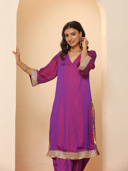 Women's Plum Kurta with Pyjama and Laces 2 Piece Set | A-Line, V Neck, 3/4 Sleeves, Pyjama, Festive Wear, (Satin)
