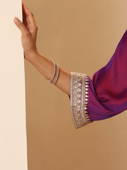 Women's Plum Kurta with Pyjama and Laces 2 Piece Set | A-Line, V Neck, 3/4 Sleeves, Pyjama, Festive Wear, (Satin)