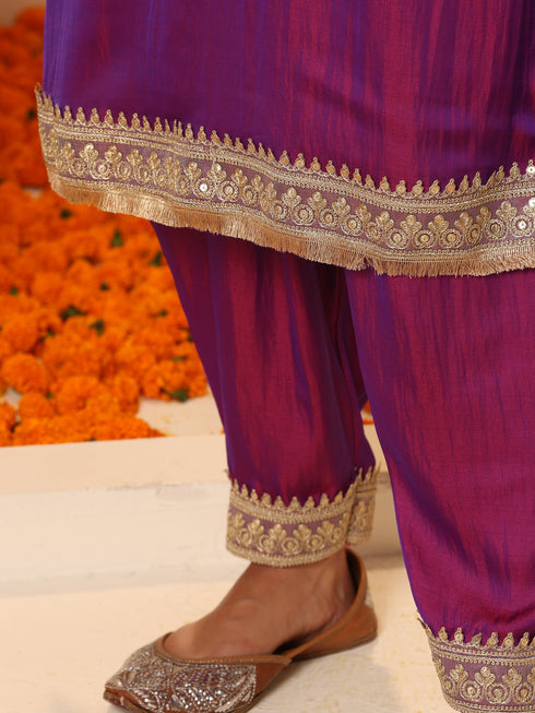 Women's Plum Kurta with Pyjama and Laces 2 Piece Set | A-Line, V Neck, 3/4 Sleeves, Pyjama, Festive Wear, (Satin)