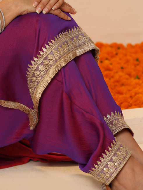 Women's Plum Kurta with Pyjama and Laces 2 Piece Set | A-Line, V Neck, 3/4 Sleeves, Pyjama, Festive Wear, (Satin)