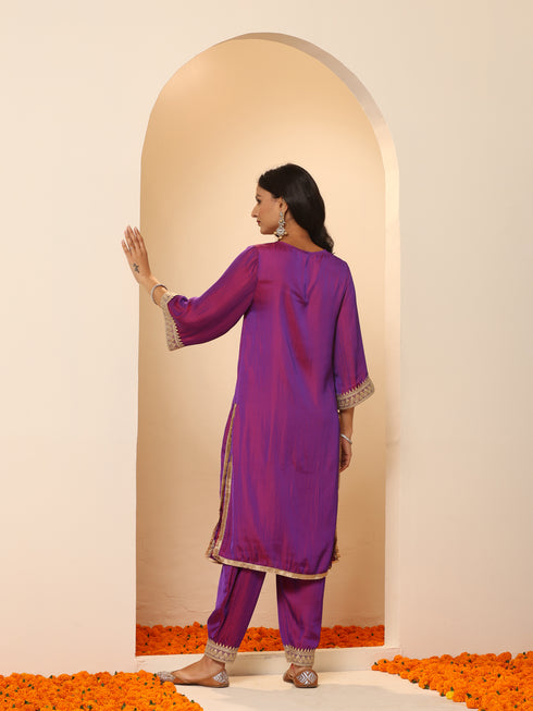 Women's Plum Kurta with Pyjama and Laces 2 Piece Set | A-Line, V Neck, 3/4 Sleeves, Pyjama, Festive Wear, (Satin)