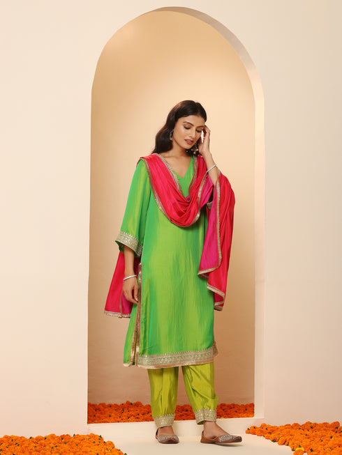 Women's Chartreuse Lime and Green Kurta with Pyjama and Laces 2 Piece Set | A-Line, V Neck, 3/4 Sleeves, Pyjama, Festive Wear, (Satin)