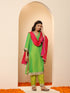 Women's Chartreuse Lime and Green Kurta with Pyjama and Laces 2 Piece Set | A-Line, V Neck, 3/4 Sleeves, Pyjama, Festive Wear, (Satin)