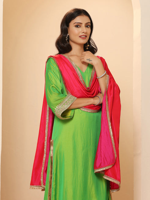 1 Pc - Fuschia Satin Dupatta with Lace