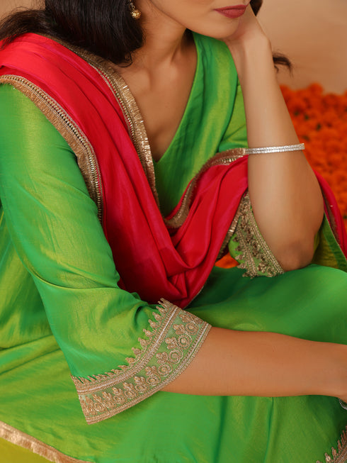 Women's Chartreuse Lime and Green Kurta with Pyjama and Laces 2 Piece Set | A-Line, V Neck, 3/4 Sleeves, Pyjama, Festive Wear, (Satin)