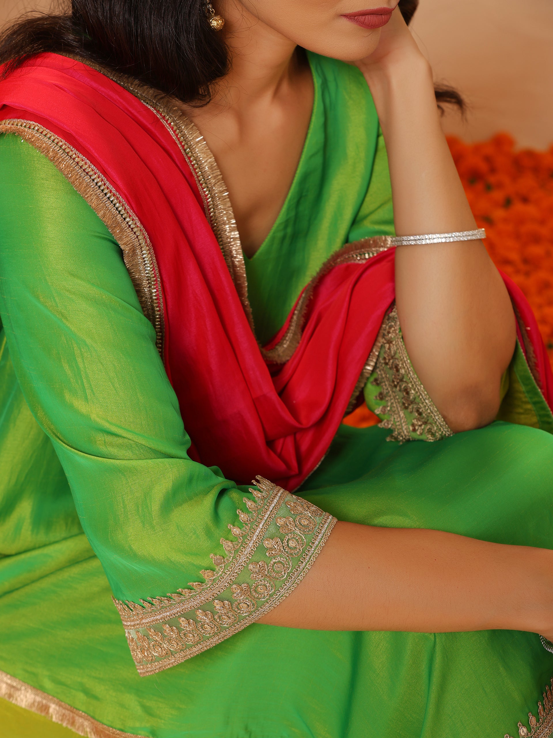 1 Pc - Fuschia Satin Dupatta with Lace