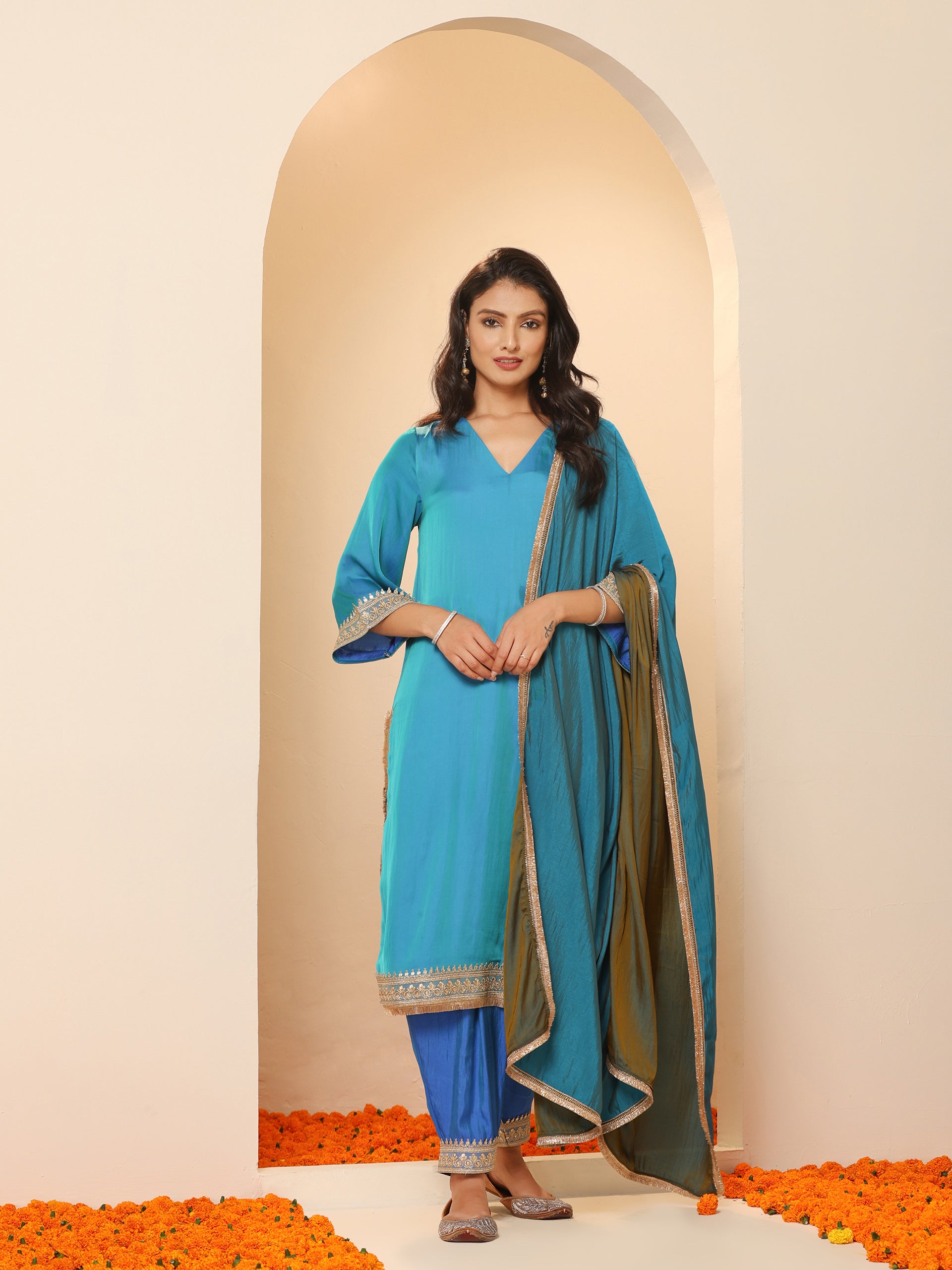 Women's Sapphire Blue Kurta with Pyjama and Laces 2 Piece Set | A-Line, V Neck, 3/4 Sleeves, Pyjama, Festive Wear, (Satin)