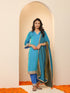 Women's Sapphire Blue Kurta with Pyjama and Laces 2 Piece Set | A-Line, V Neck, 3/4 Sleeves, Pyjama, Festive Wear, (Satin)
