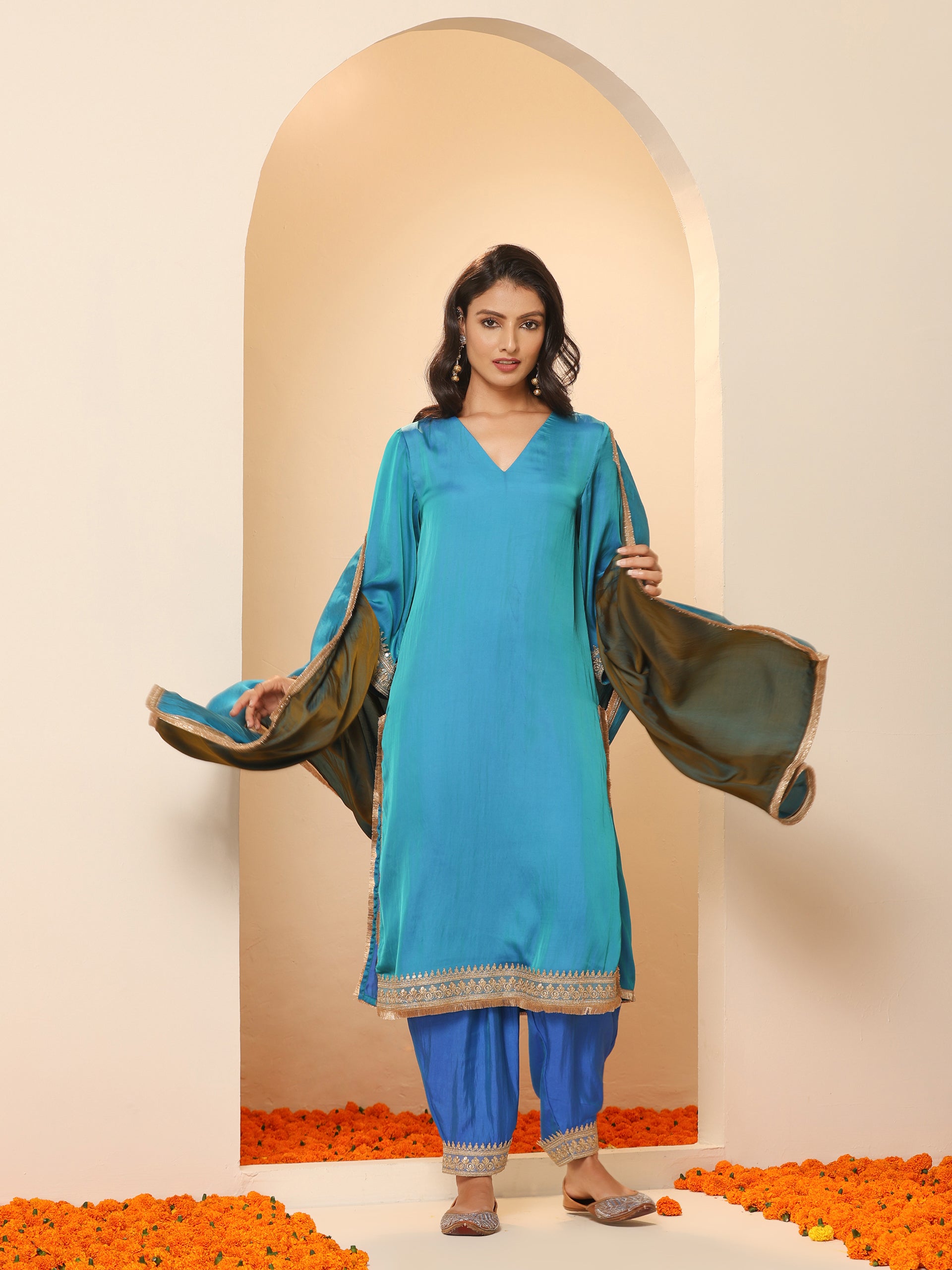 Women's Sapphire Blue Kurta with Pyjama and Laces 2 Piece Set | A-Line, V Neck, 3/4 Sleeves, Pyjama, Festive Wear, (Satin)
