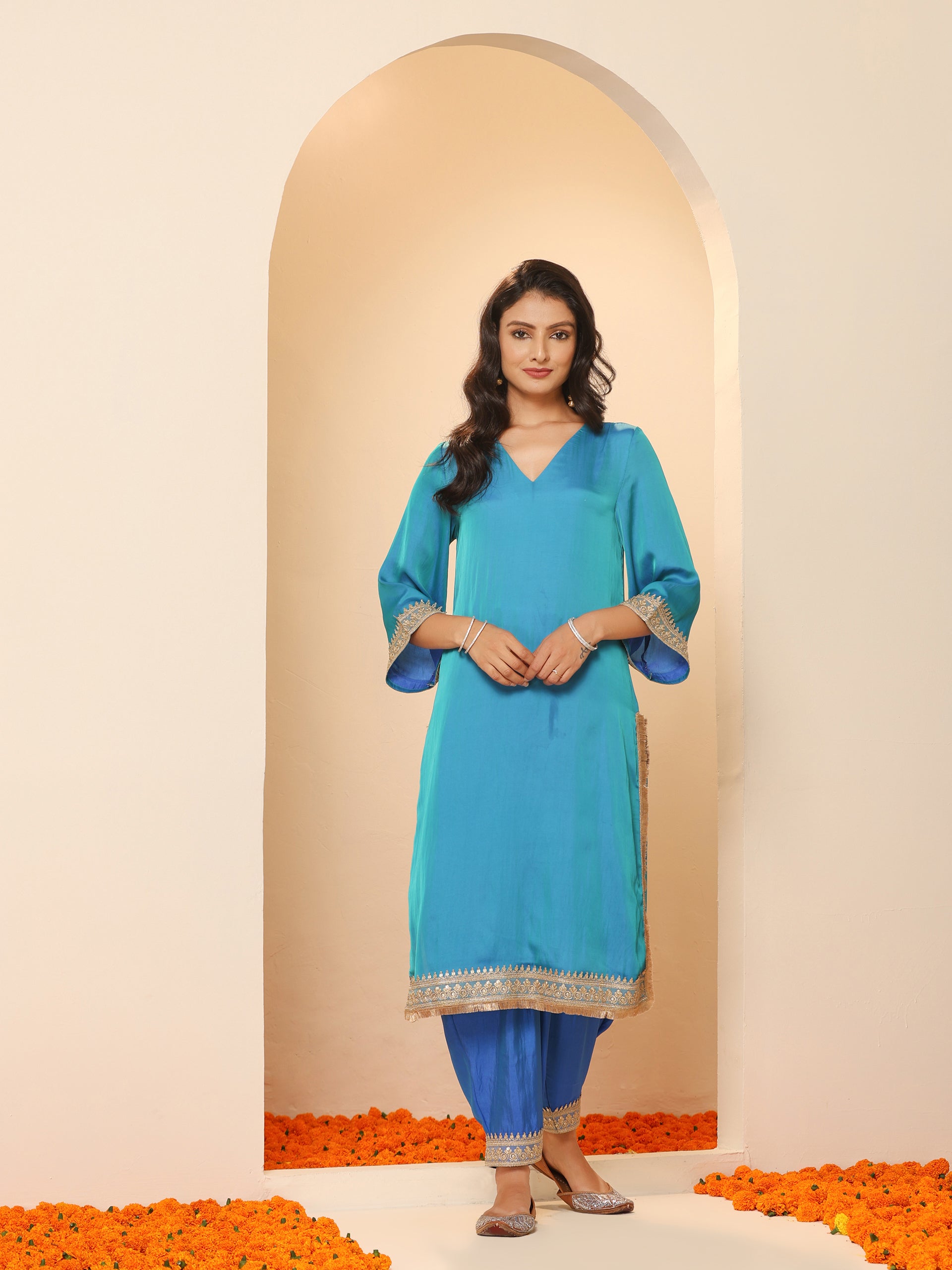 Women's Sapphire Blue Kurta with Pyjama and Laces 2 Piece Set | A-Line, V Neck, 3/4 Sleeves, Pyjama, Festive Wear, (Satin)