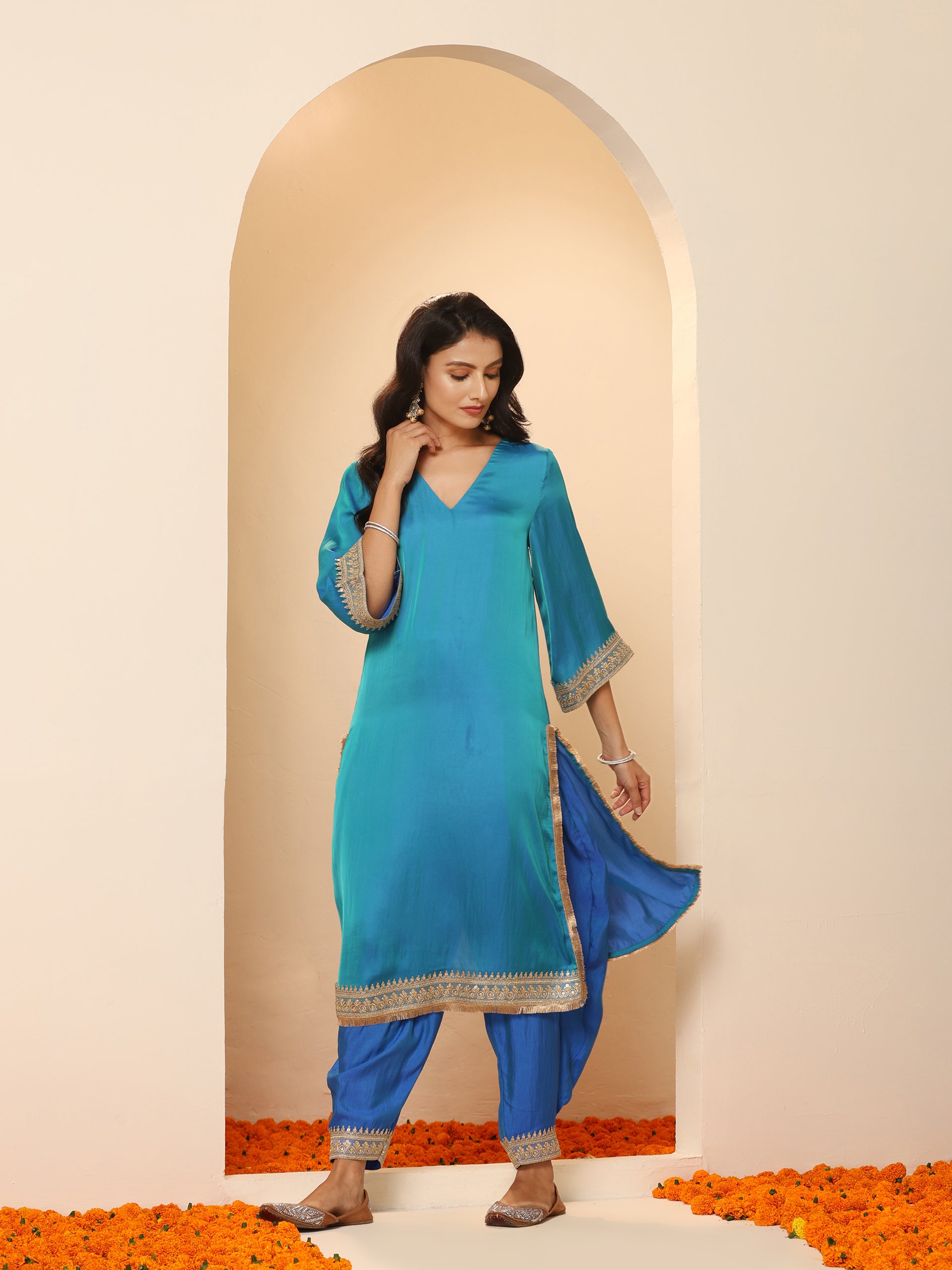 Women's Sapphire Blue Kurta with Pyjama and Laces 2 Piece Set | A-Line, V Neck, 3/4 Sleeves, Pyjama, Festive Wear, (Satin)