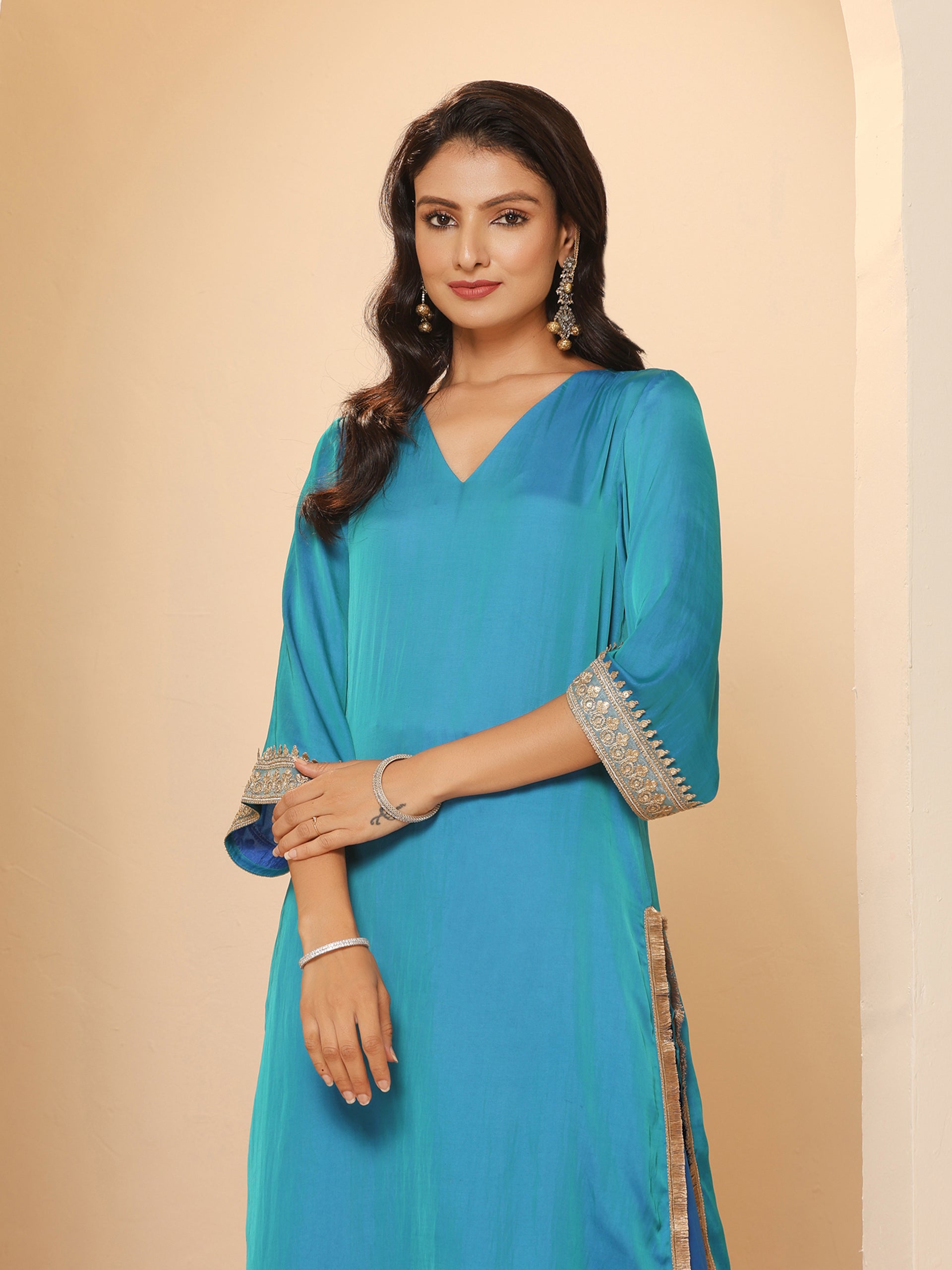 Women's Sapphire Blue Kurta with Pyjama and Laces 2 Piece Set | A-Line, V Neck, 3/4 Sleeves, Pyjama, Festive Wear, (Satin)