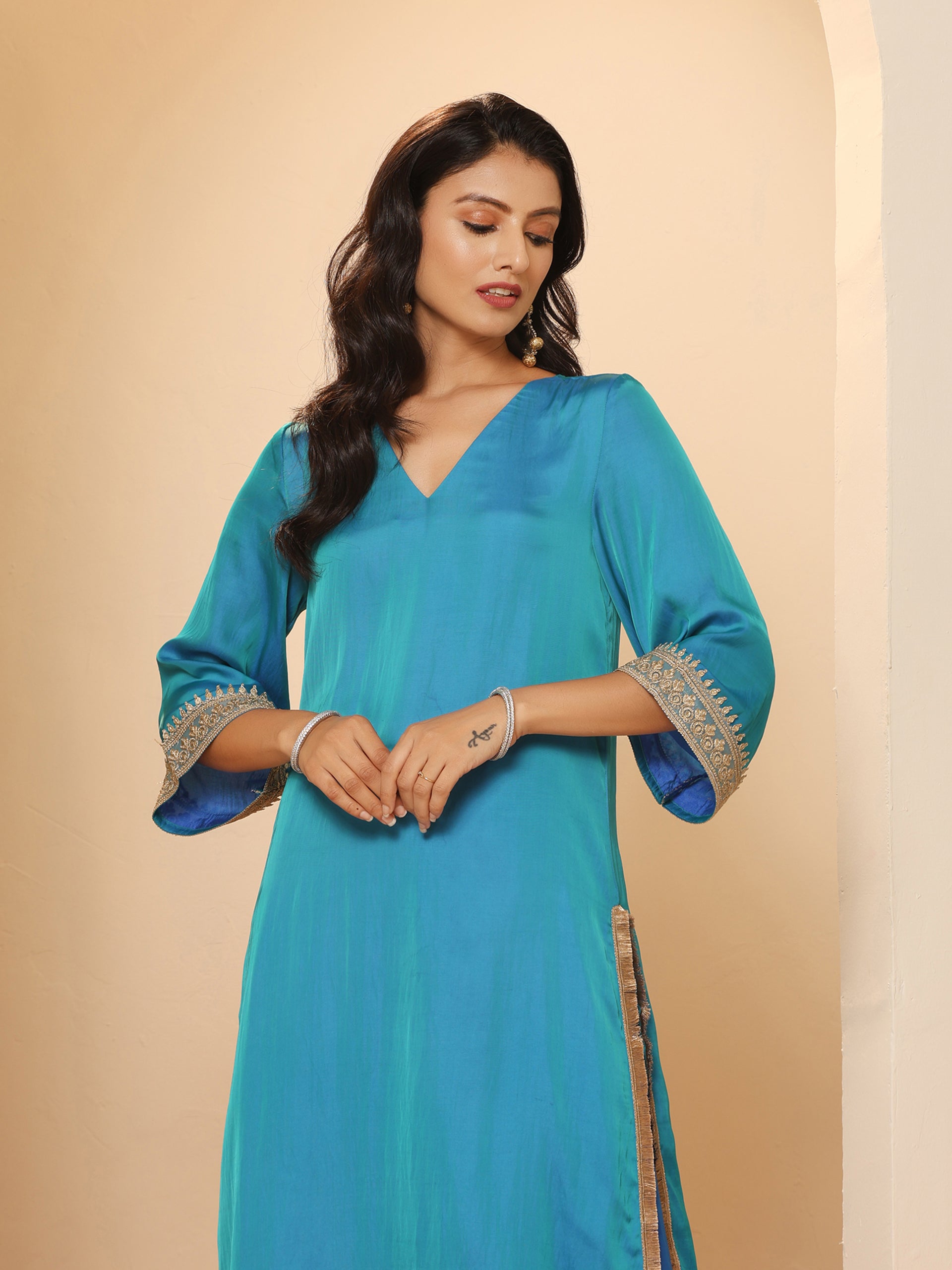 Women's Sapphire Blue Kurta with Pyjama and Laces 2 Piece Set | A-Line, V Neck, 3/4 Sleeves, Pyjama, Festive Wear, (Satin)