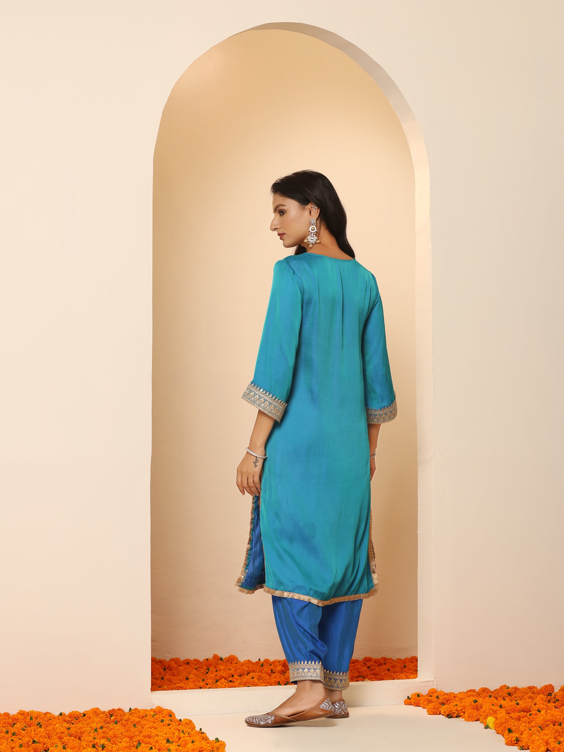 Women's Sapphire Blue Kurta with Pyjama and Laces 2 Piece Set | A-Line, V Neck, 3/4 Sleeves, Pyjama, Festive Wear, (Satin)