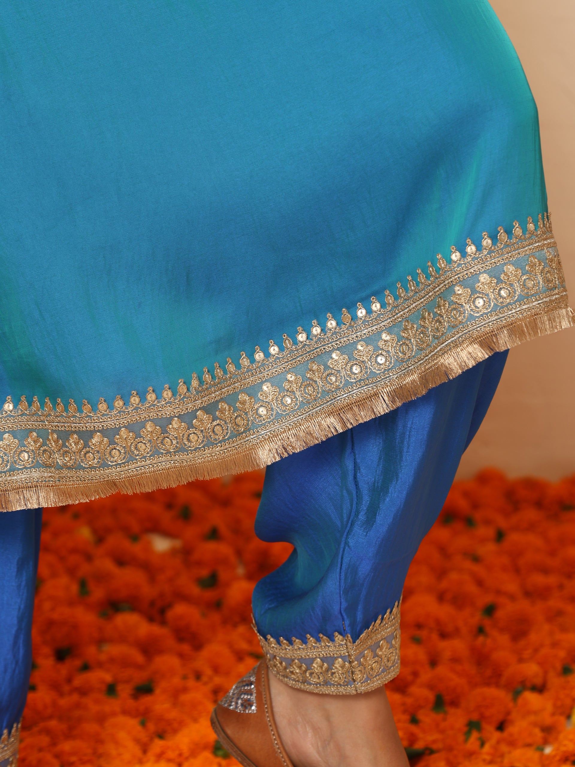 Women's Sapphire Blue Kurta with Pyjama and Laces 2 Piece Set | A-Line, V Neck, 3/4 Sleeves, Pyjama, Festive Wear, (Satin)