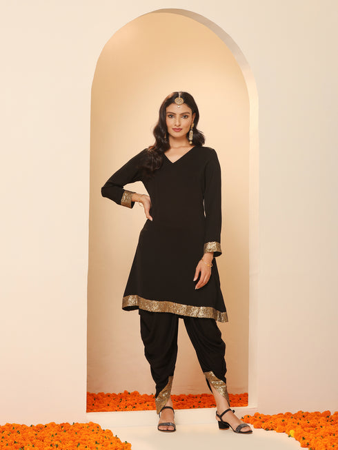 Women's Black and Gold Sequin Kurta with Pants 2 Piece Set | A-Line, V Neck, Full Sleeves, Pants, Festive Wear, (Sequin)