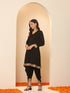 Women's Black and Gold Sequin Kurta with Pants 2 Piece Set | A-Line, V Neck, Full Sleeves, Pants, Festive Wear, (Sequin)