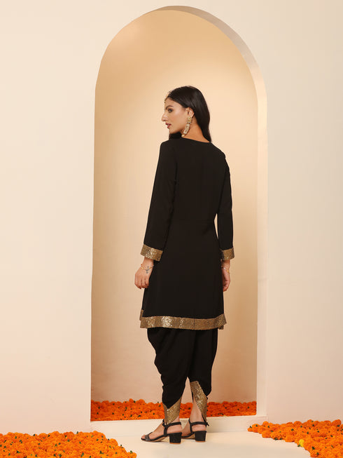Women's Black and Gold Sequin Kurta with Pants 2 Piece Set | A-Line, V Neck, Full Sleeves, Pants, Festive Wear, (Sequin)