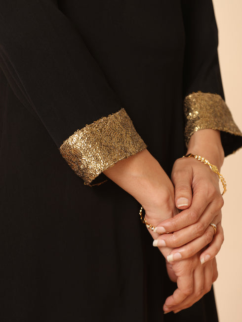 Women's Black and Gold Sequin Kurta with Pants 2 Piece Set | A-Line, V Neck, Full Sleeves, Pants, Festive Wear, (Sequin)