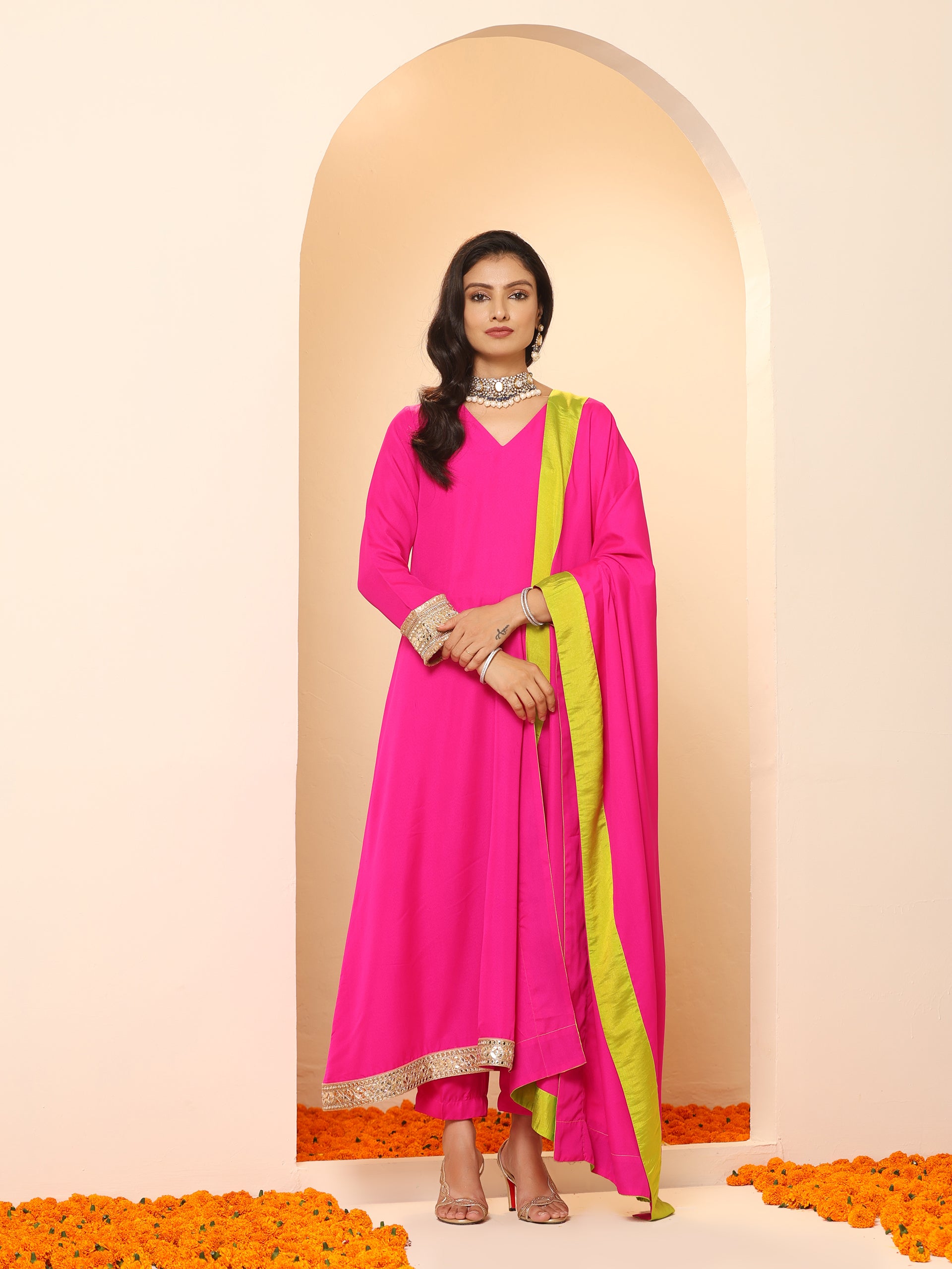 Women's Fuchsia Kurta with Lace, Pant, and Fuchsia and Green Dupatta 3 Piece Set | A-Line, V Neck, Full Sleeves, Pants, Festive Wear, (Chiffon)