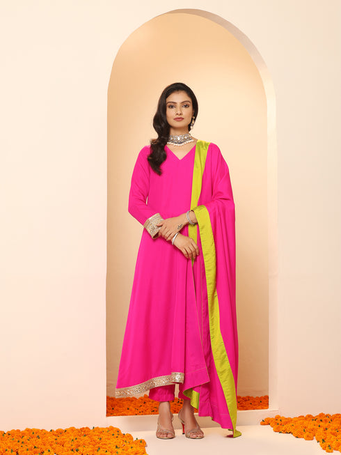 Women's Fuchsia Kurta with Lace, Pant, and Fuchsia and Green Dupatta 3 Piece Set | A-Line, V Neck, Full Sleeves, Pants, Festive Wear, (Chiffon)
