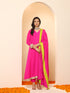 Women's Fuchsia Kurta with Lace, Pant, and Fuchsia and Green Dupatta 3 Piece Set | A-Line, V Neck, Full Sleeves, Pants, Festive Wear, (Chiffon)