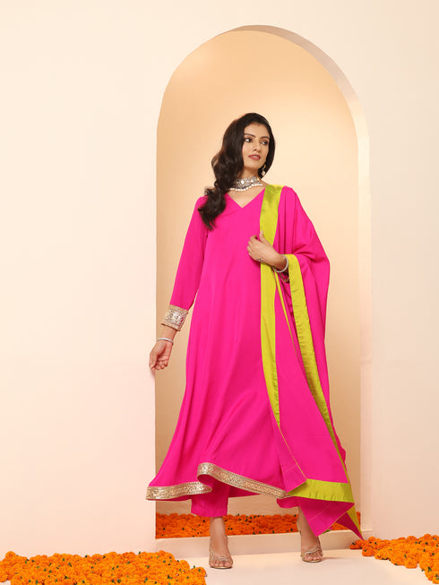 Women's Fuchsia Kurta with Lace, Pant, and Fuchsia and Green Dupatta 3 Piece Set | A-Line, V Neck, Full Sleeves, Pants, Festive Wear, (Chiffon)