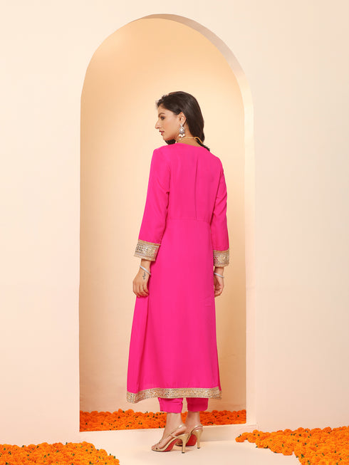 Women's Fuchsia Kurta with Lace, Pant, and Fuchsia and Green Dupatta 3 Piece Set | A-Line, V Neck, Full Sleeves, Pants, Festive Wear, (Chiffon)
