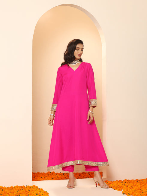 Women's Fuchsia Kurta with Lace, Pant, and Fuchsia and Green Dupatta 3 Piece Set | A-Line, V Neck, Full Sleeves, Pants, Festive Wear, (Chiffon)