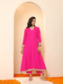 Women's Fuchsia Kurta with Lace, Pant, and Fuchsia and Green Dupatta 3 Piece Set | A-Line, V Neck, Full Sleeves, Pants, Festive Wear, (Chiffon)